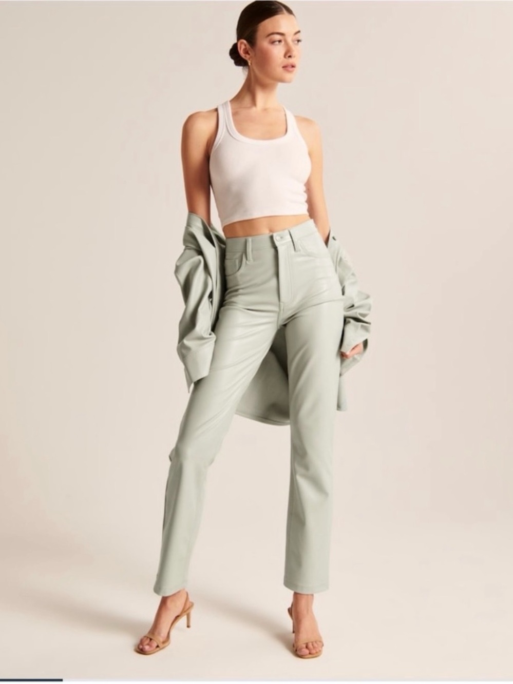 Abercrombie & Fitch High Rise 90s Straight Vegan Leather Pants Light Green